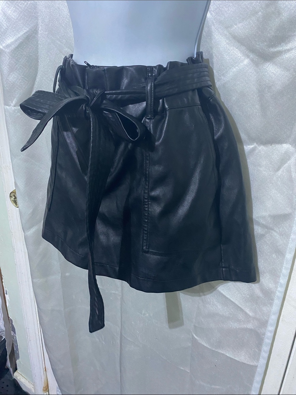 Black Faux Leather Paperbag Waist Shorts with Tie Belt